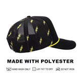 Black cap with yellow lightning bolt patterns on a white background