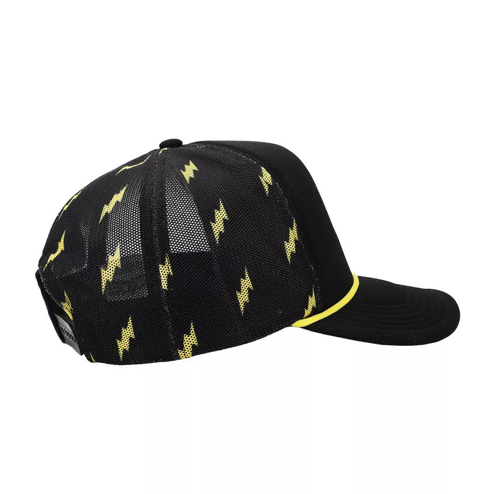 Black cap with yellow lightning bolt patterns on a white background