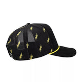 Black cap with yellow lightning bolt patterns on a white background