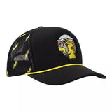 Black cap with yellow accents and a graphic design on a white background