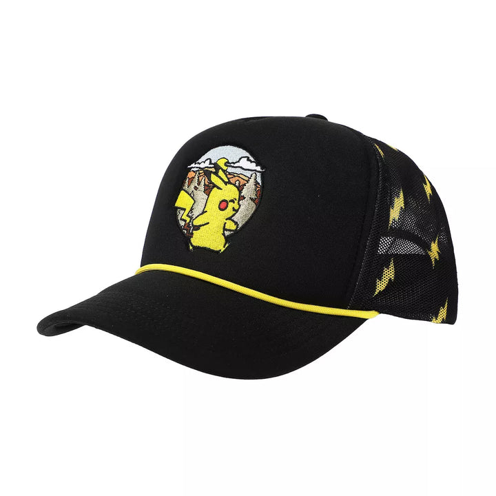Black cap with yellow accents and a cartoon character on a white background