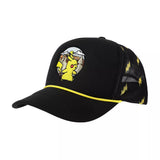 Black cap with yellow accents and a cartoon character on a white background