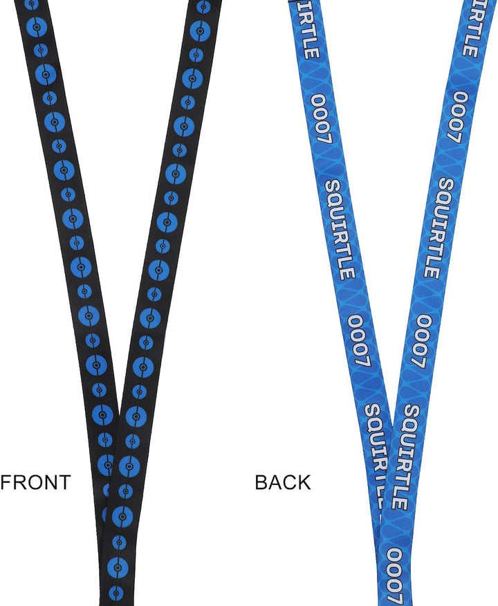 Two views of a lanyard with 'Squirtle' branding and number '0007'.