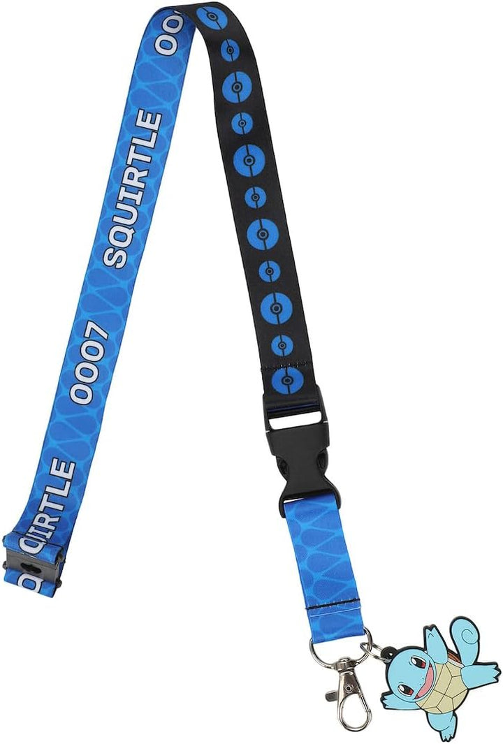 Blue and black lanyard with 'Squirtle' design and character charm on a white background