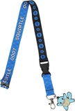 Blue and black lanyard with 'Squirtle' design and character charm on a white background