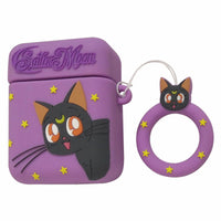 Purple Sailor Moon themed AirPods case and matching silicone ring case set, featuring the black cat character, yellow stars, and Sailor Moon logo on a white background.