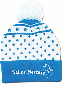 A blue and white knit pom-pom beanie featuring the text 'Sailor Mercury' and bubble graphics on the front cuff.
