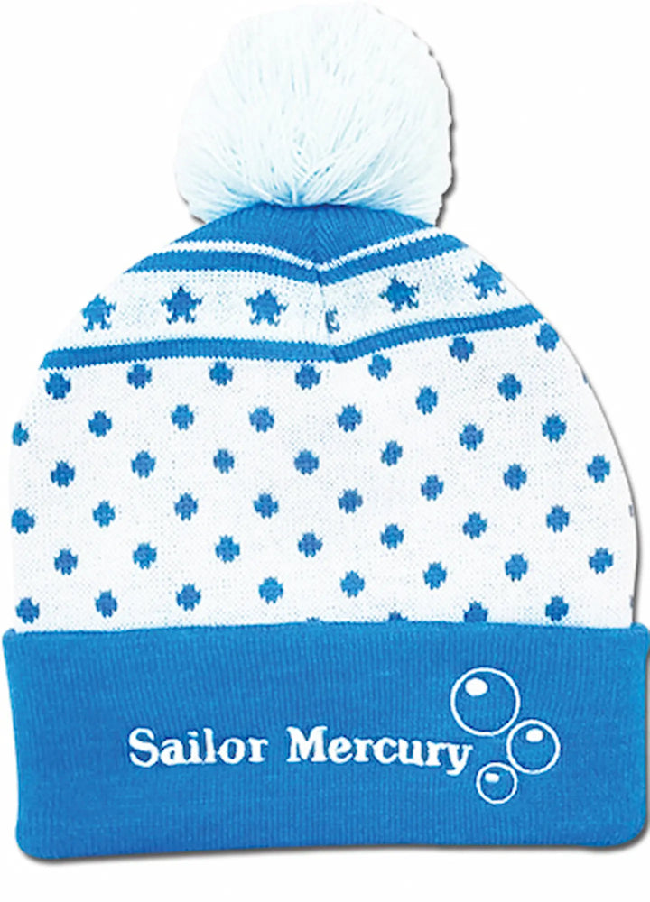 A blue and white knit pom-pom beanie featuring the text 'Sailor Mercury' and bubble graphics on the front cuff.