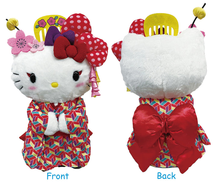 Plush toy Hello Kitty in traditional Japanese kimono with front and back views.