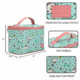 Hello Kitty-themed cosmetic bag with measurements and feature highlights on a white background