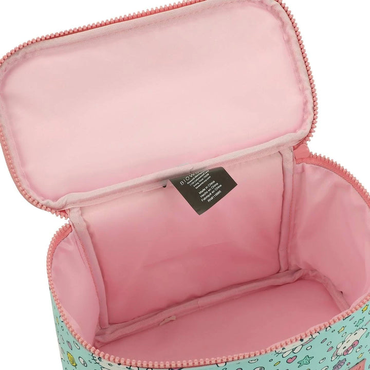 Pink and teal patterned pouch with a visible brand label on a white background
