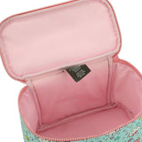 Pink and teal patterned pouch with a visible brand label on a white background