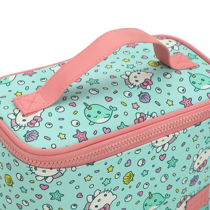 Hello Kitty cosmetics bag with pink handle and colorful pattern on a light blue background