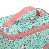 Hello Kitty cosmetics bag with pink handle and colorful pattern on a light blue background
