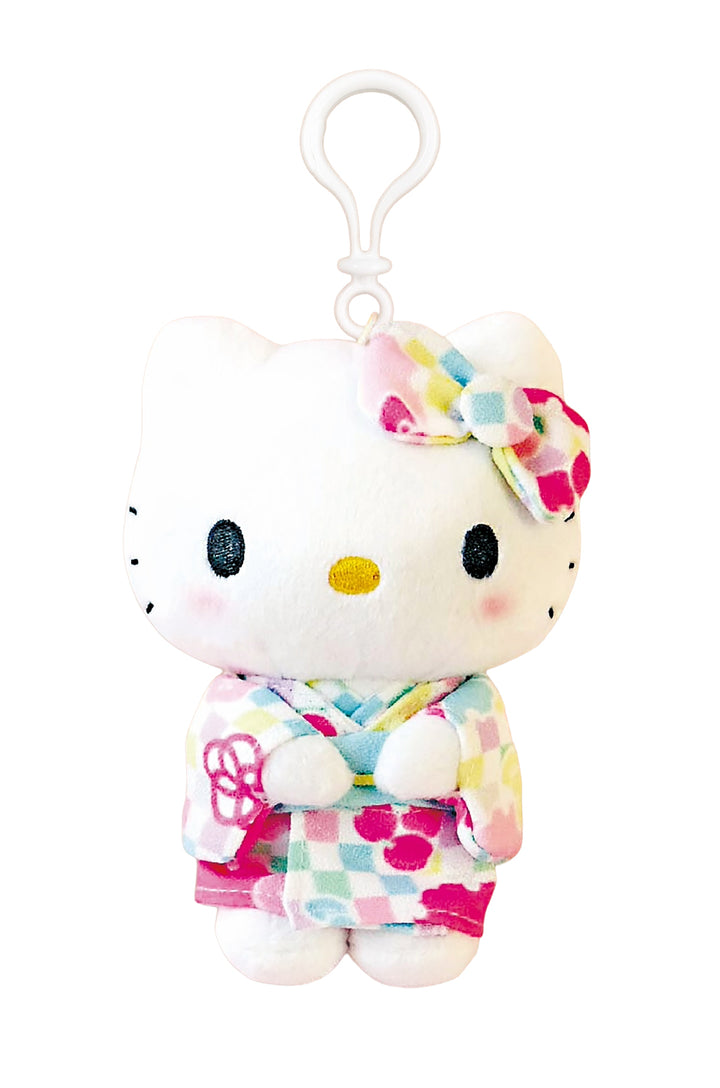 Hello Kitty plush keychain in a white kimono with a colorful patterned bow, attached to a white plastic clip, on a plain white background.