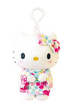 Hello Kitty plush keychain in a white kimono with a colorful patterned bow, attached to a white plastic clip, on a plain white background.