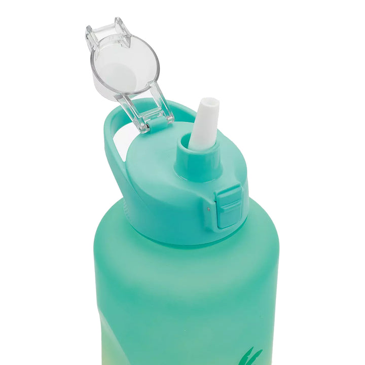 Turquoise water bottle with straw lid on a white background