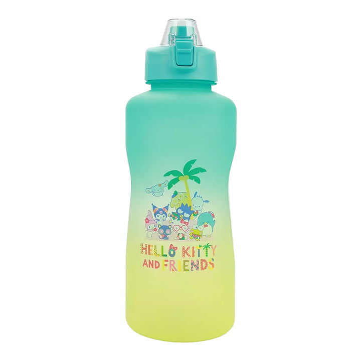 Gradient water bottle with 'Hello Kitty and Friends' design on a white background