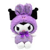Sanrio Kuromi Purple plush toy with bunny ears bow and flower accents on a white background