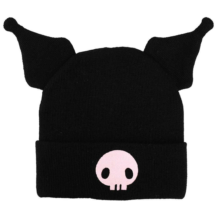 Black beanie with Kuromi pink skull design on a white background