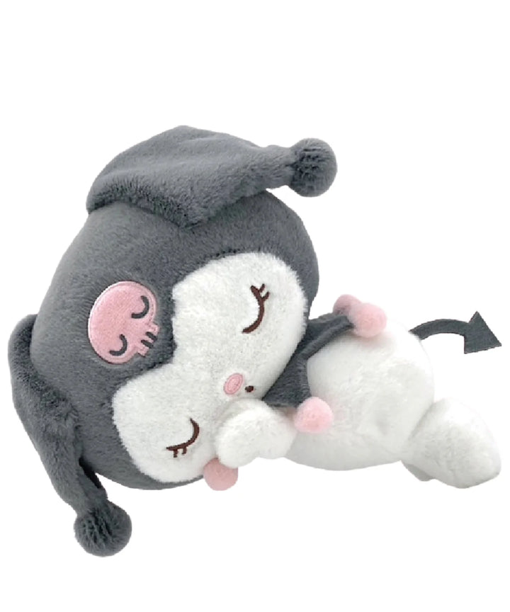 A plush toy character with a gray and white color scheme and pink accents, featuring a sleeping expression.