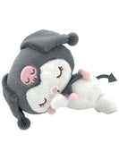 A plush toy character with a gray and white color scheme and pink accents, featuring a sleeping expression.