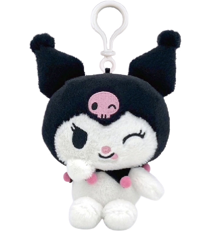 A plush toy character with a black and white face and cat-like ears, featuring a pink skull emblem and a white hanging loop.