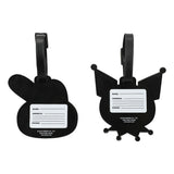 Back of two cartoon character luggage tags with black accents, on a white background.