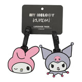 Two cartoon character luggage tags with a black card labeled 'My Melody Kuromi Luggage Tags' on a white background.