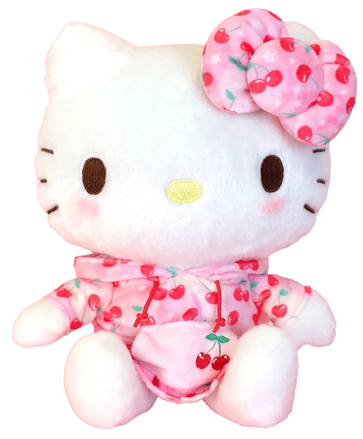 Plush toy of Hello Kitty character with cherry design hoodie and bow on a white background