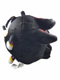 A black plush toy with pointed ears, white gloves, and small red and yellow details, shown against a plain white background.