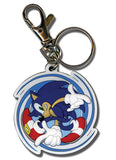 Keychain with Sonic in a circular spinning running design on a white background