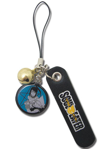 Cell phone charm Black Star and Tsubaki character charm, 'Soul Eater' logo, Bell and Phone strap on a white background