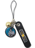 Cell phone charm Black Star and Tsubaki character charm, 'Soul Eater' logo, Bell and Phone strap on a white background