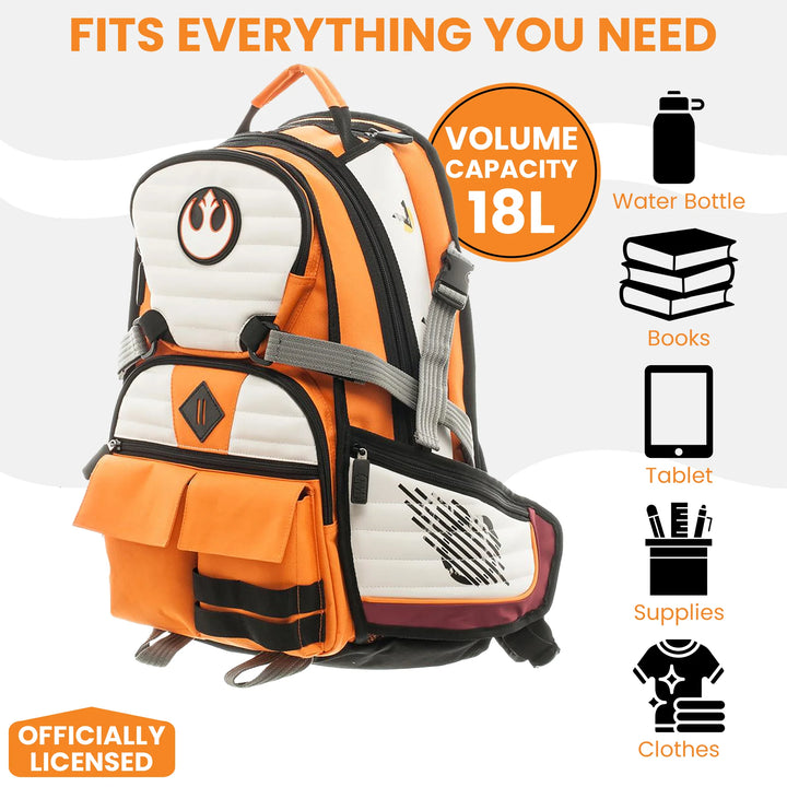 Orange and white backpack with volume capacity 18L on a white background