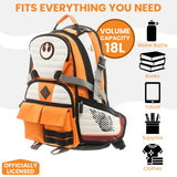 Orange and white backpack with volume capacity 18L on a white background