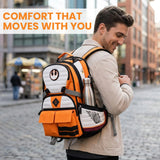 Man wearing an orange and white backpack with a water bottle, standing on a city street.