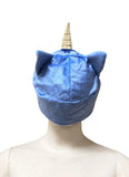 Blue Ranga hat with ears and a horn on a mannequin head against a white background