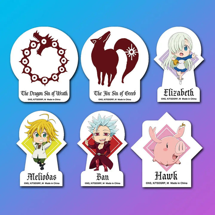 Six die-cut sticker characters from the anime 'My Hero Academia' arranged in two rows on a blue-to-purple gradient background. The stickers feature the Dragon of Death, Fox of Greed, Elizabeth, Meliodas, Ban, and Hawk, each with their names printed below.