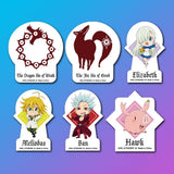 Six die-cut sticker characters from the anime 'My Hero Academia' arranged in two rows on a blue-to-purple gradient background. The stickers feature the Dragon of Death, Fox of Greed, Elizabeth, Meliodas, Ban, and Hawk, each with their names printed below.