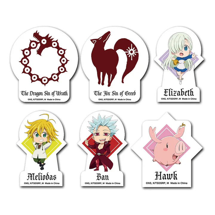 Six anime character-shaped stickers or decals arranged in two rows on a white background. The characters shown are The Dragon Sin of Wrath, The Fox Sin of Greed, Elizabeth, Meliodas, Ban, and Hawk, each with their name printed below and copyright text reading One, Kyoto Animation, and M.