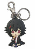 An anime chibi keychain featuring a character with black hair, red eyes, and a surprised expression, attached to a silver metal clasp and split ring on a white background.
