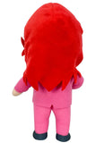 Back of Kurama Plush toy with red hair and pink outfit on a white background