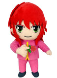 Plush toy of anime character Kurama with red hair and a pink outfit on a white background