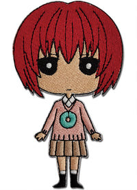 ancient magus bride character chise with red hair and a pink sweater with a green donut design on a white background