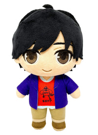 Banana Fish Eiji Okumura 8 inch plush doll front view showing black hair brown eyes purple jacket red graphic tee and khaki pants by Great Eastern Entertainment