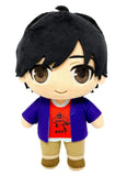Banana Fish Eiji Okumura 8 inch plush doll front view showing black hair brown eyes purple jacket red graphic tee and khaki pants by Great Eastern Entertainment