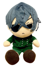 Black Butler Ciel Phantomhive 7 inch sitting pose plush doll front view showing dark blue hair black eye patch blue bow tie green Victorian jacket and brown boots by Great Eastern Entertainment