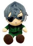 Black Butler Ciel Phantomhive 7 inch sitting pose plush doll front view showing dark blue hair black eye patch blue bow tie green Victorian jacket and brown boots by Great Eastern Entertainment