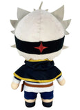 A plush toy doll shown from the back, featuring a round white head with tall gray spikes, a black headband with a red star emblem, a dark navy blue cape with yellow trim, and blue-and-white striped pants.